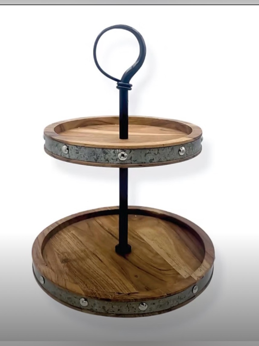 GRAY ACAIA WOOD 2 TIER Cake / Dessert STAND w/ Riveted Gunmetal Bands